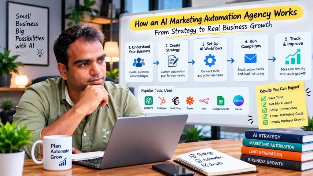 AI marketing automation workflow showing strategy, AI tools, campaigns, and performance tracking
