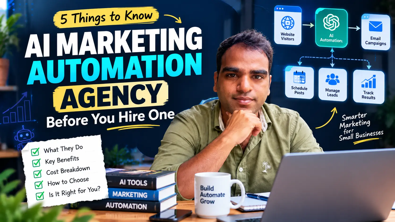 AI marketing automation agency guide featuring Manoj Kumar and a marketing workflow
