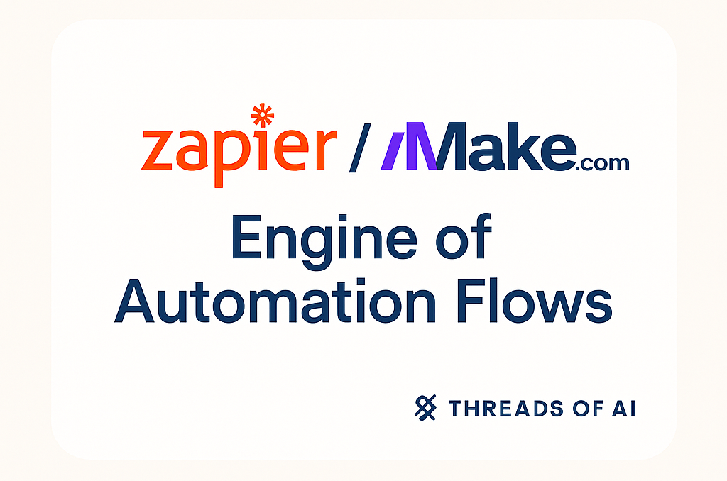 Zapier and Make.com as essential tools for automating workflows in AI automation agencies for startups โ Threads of AI.